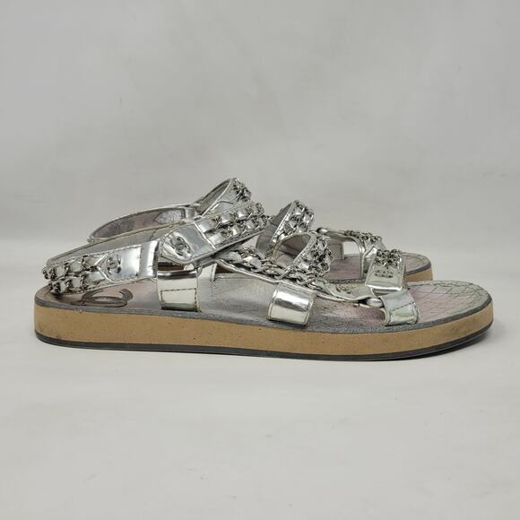CHANEL Sandals IT39.5 US9.5 Silver Leather Flat Chain Coco Mark Sport 2002 Logo - Picture 2 of 16